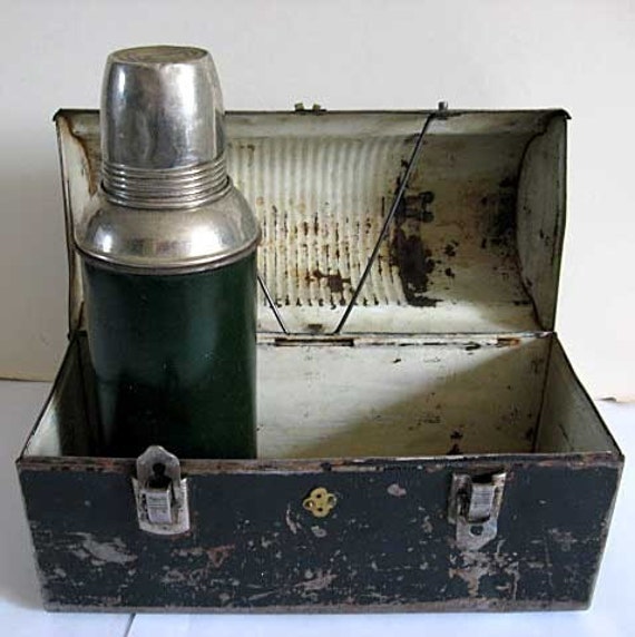 1940 Vintage Blue Collar Workman's Worn Black Metal Lunch