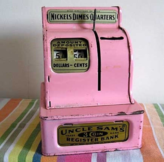 Vintage 70's Candy Pink Enamel Metal Cash Register Bank
