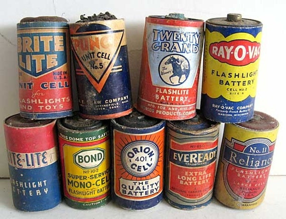 A Lot of 9 1940's Colorful D Cell Size Batteries for