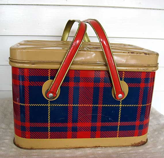 Vintage 1950's Tin Picnic Basket Storage Tin Box