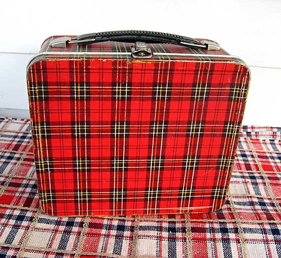 Vintage 1950's Red and Black Plaid Metal Lunch Box For
