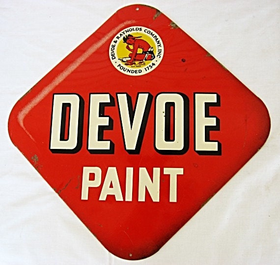 Vintage DeVoe Paint Red and White Tin Store Sign with Native