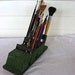 1940'a Vintage Wooden Art Brush, Pencil, Pen Tabletop Holder in Old Green Paint, Old Drill Bit Holder