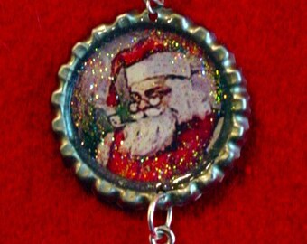 Altered Art Bottle Cap Necklace - Smiling Santa- Art by ruby