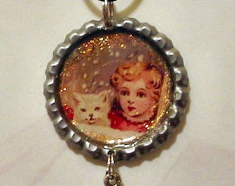 Altered Art Bottle Cap Necklace - My Little White KItty - Art by ruby