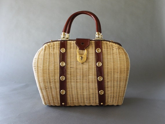 vintage 1960s Bag Oversize 60s Wicker Frame Bag by HolliePoint