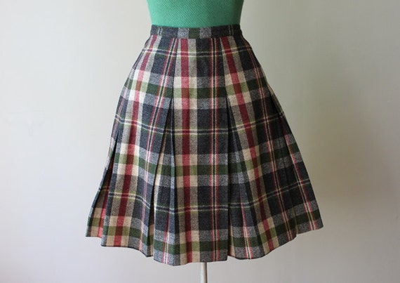 1960s Mini Skirt / Vintage 60s Plaid Pleated Wool Skirt