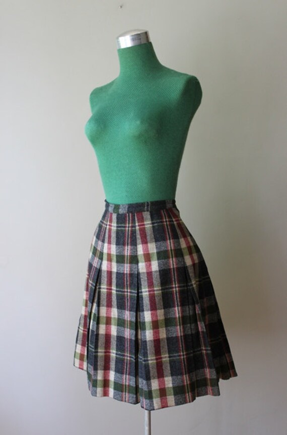 1960s Mini Skirt Vintage 60s Plaid Pleated Wool Skirt 1680