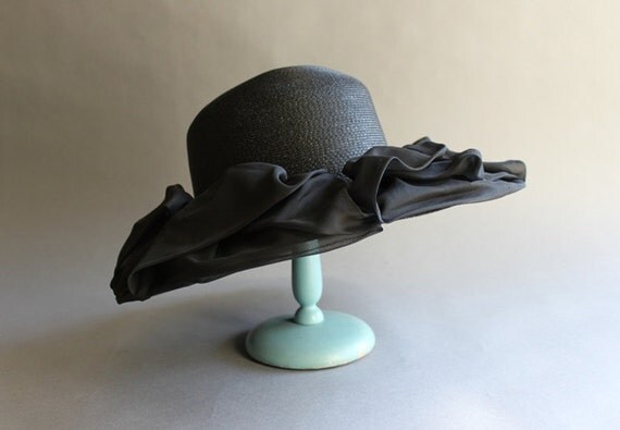 Vintage Hat / 1950s Folded Chiffon Wide Brim Black by HolliePoint