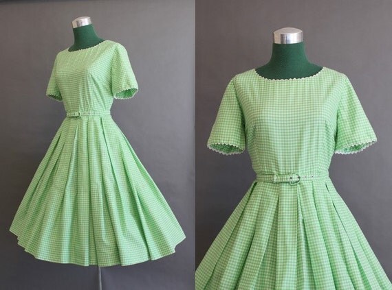 Vintage Dress / 1950s Full Skirt Dress / 50s 60s Green Gingham