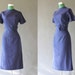 50s Vintage Wiggle Dress / Navy Blue Tailored 1950s Dress with Bow