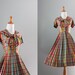 50s Dress / 1950s Sailor Dress / Rainbow Plaid / 50s Bow Neck Dress