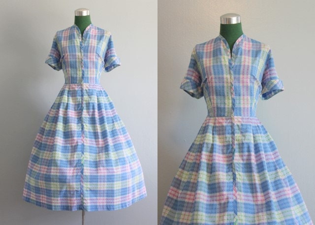 Vintage Dress / 50s Dress / 1950s Pastel Plaid Dress