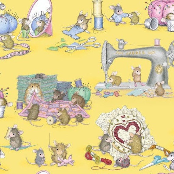 Sew Much Fun Mice on Yellow Fabric 3 yards by lucyintheskyquilts