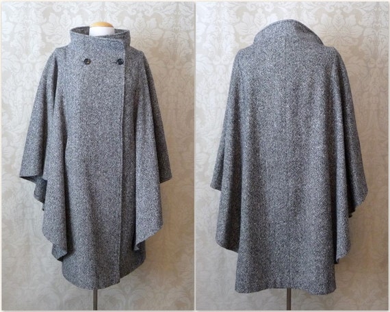 Black and White Wool Tweed Cape Coat with by HitherAndYonVintage