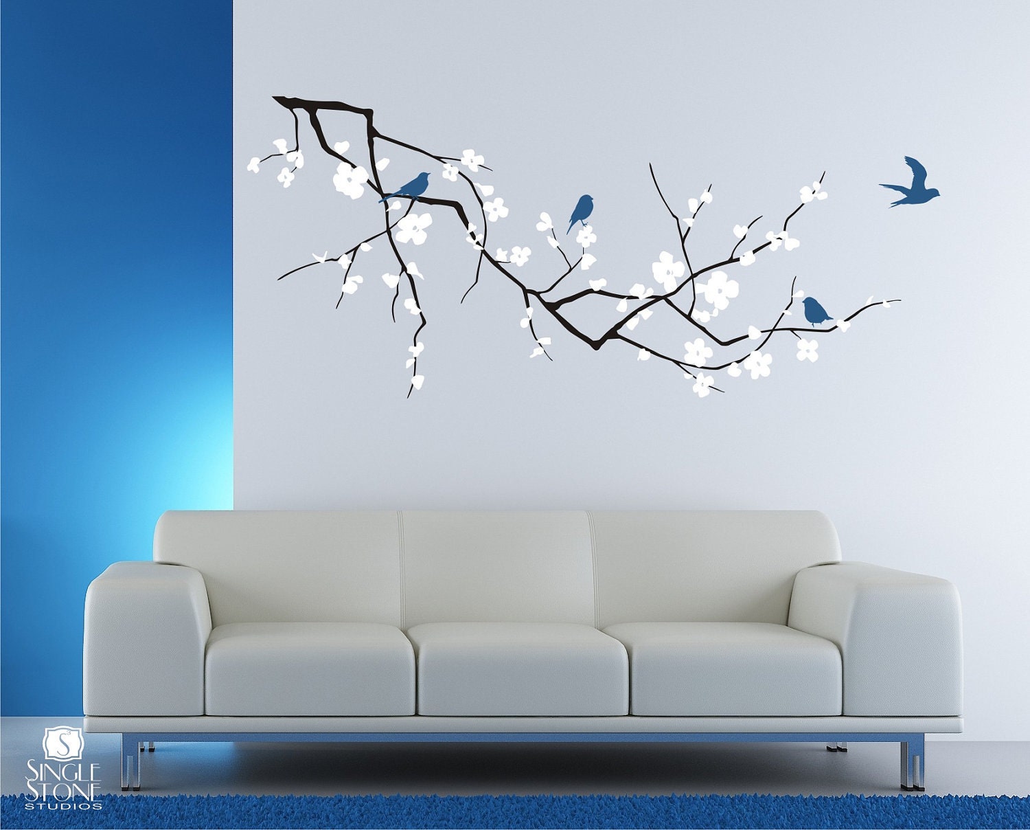 Cherry Blossom Tree Branch Wall Decal with Birds Vinyl Wall