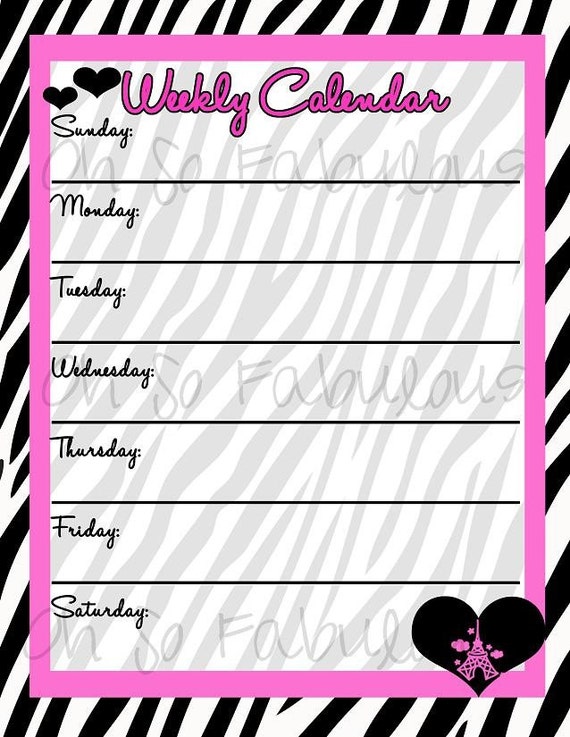 Printable Weekly Calendar Planner ToDo List Pink and Zebra