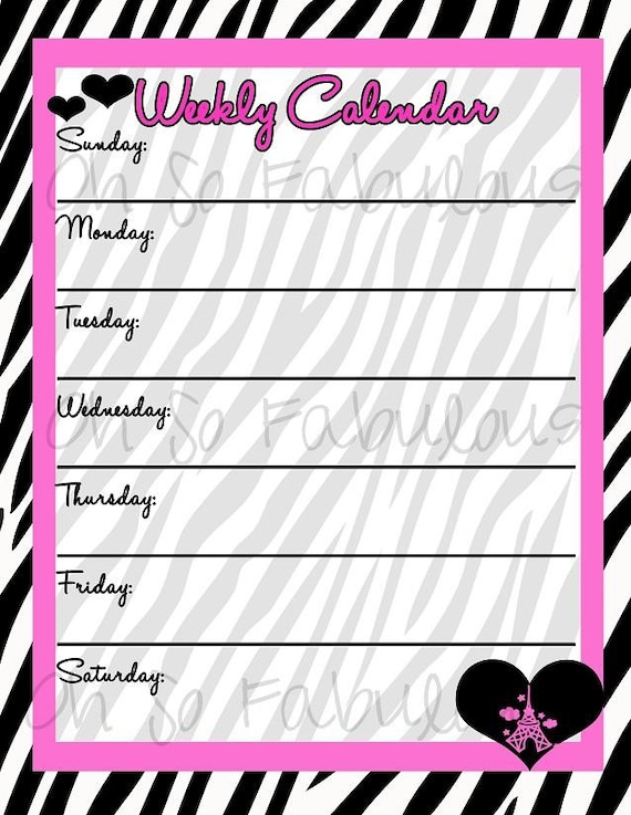 printable weekly calendar planner to do list pink and zebra