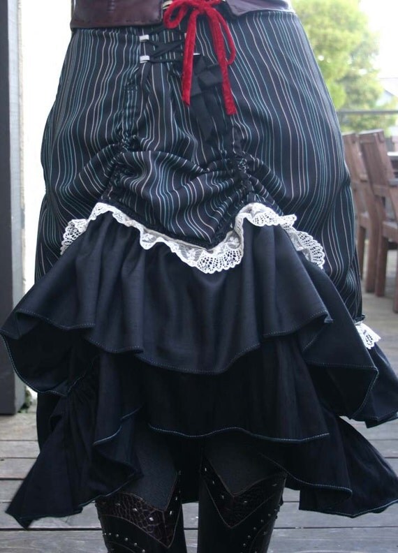 Black Pinstripe Lace Ruffled Bustle Skirt