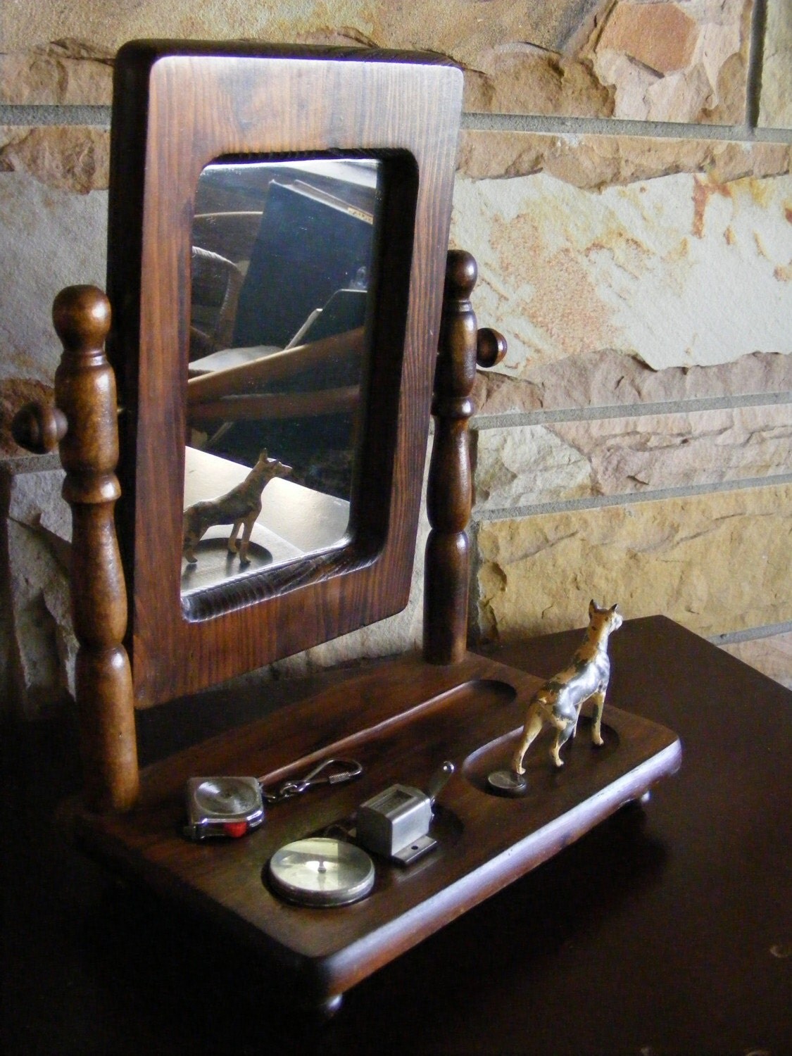 Vintage Wooden Tabletop Mirror Valet