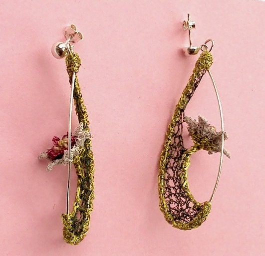 Crochet wire flower earrings with sterling silver posts and