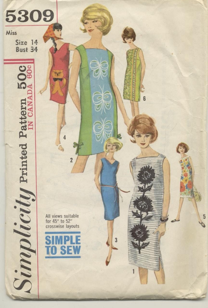1960s SLIM MOD STEP IN SHIFT DRESS PATTERN JEWEL NECKLINE VOGUE