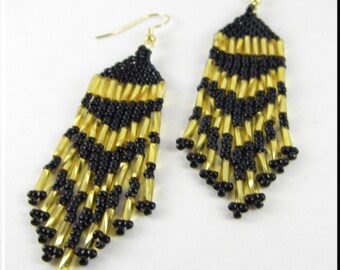 Native American Style Beadwork Chandelier Seed Bead Earrings in Gold and Black Pretty Classic