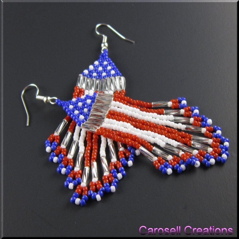 US American Flag Beadwork Dangle Fringe Seed Bead Earrings