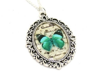 Teal Butterfly Necklace, Cameo Necklace, Nature Illustration, Insect Pendant, Animal Necklace