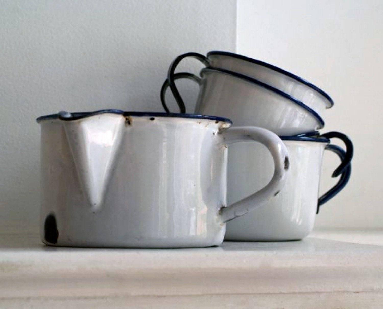 vintage white enamel camp cup set