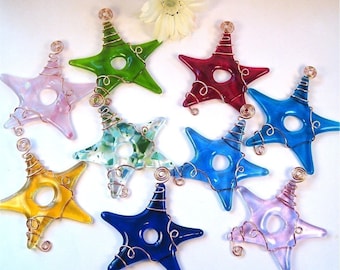 10 Fused Glass Stars Wrapped With Copper Wire - Your Choice of Colors - Colorful Glass Star Christmas Ornaments