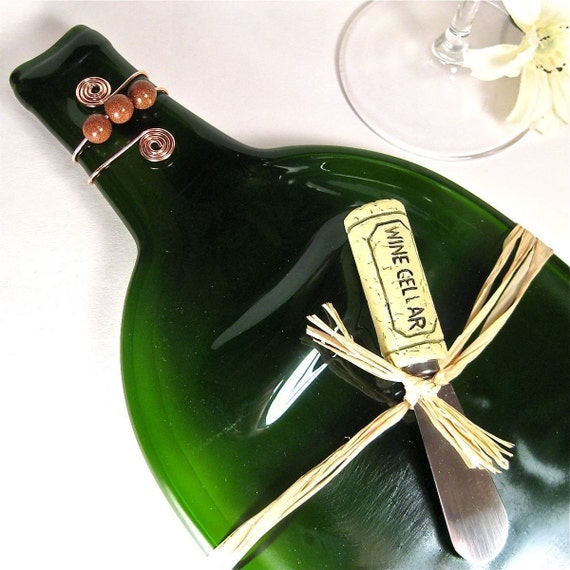 Large Flattened Wine Bottle Serving Tray Emerald Green and