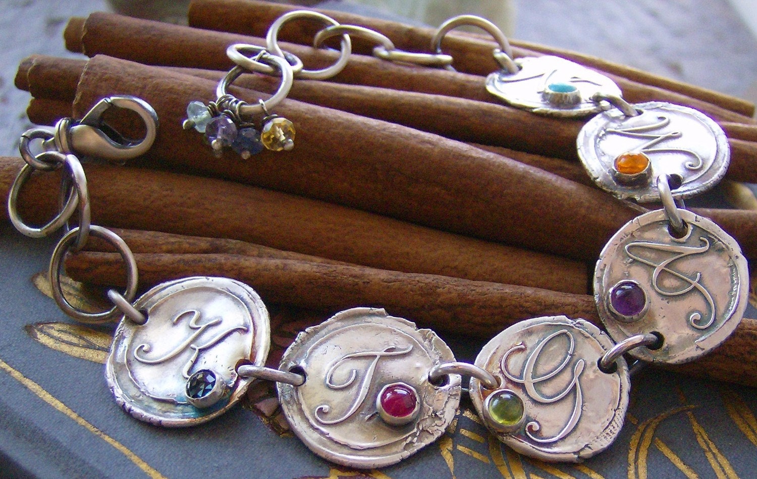 Vintage letters with gem stones...6 letter hand stamped fine