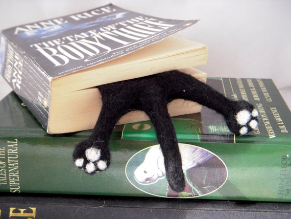 Cat Bookmark - Black Needle Felted Kitty Half Splat bookmark #Etsygifts