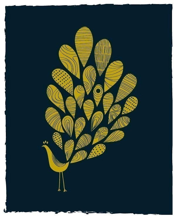 A Little Peacock Print / Golden Yellow with Navy Background
