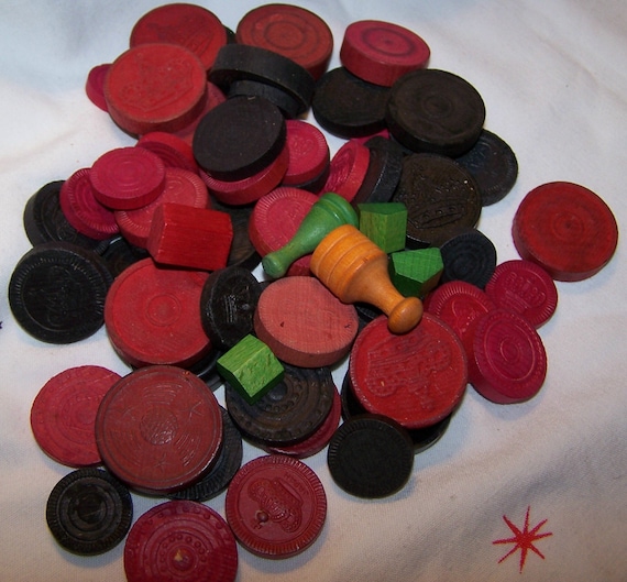 Vintage Wooden Checkers and Game Pieces 60 Piece Lot