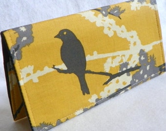 Sparrows in Vintage Yellow Handmade Vegan checkbook cover / wallet Aviary 2