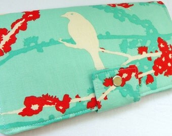 Handmade Long Wallet BiFold Clutch - Vegan Wallet - Sparrows in Aqua or half size unisex wallet