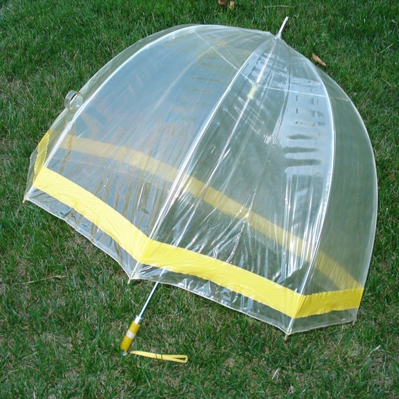 Vintage Bubble Dome Umbrella Clear Vinyl YELLOW trim