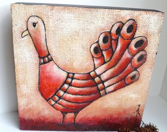 SALE Fowl X mixed media original art on cradled wood panel, marked down 50%, acrylic an burlap, bird, collectible art, ready to hang