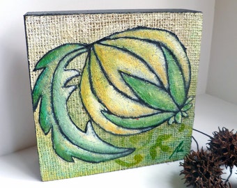SALE Green mixed media original on wood panel, marked down 50%, home decor, acrylic on burlap, collectible art,