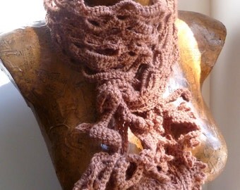 Russet long free style crochet fiber art scarf, romantic, bohemian, Coachella, accessory