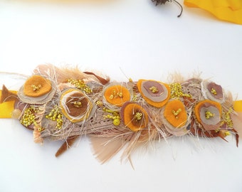 Something yellow sash waistband headband, wearable fiber art, fabric collage bohemian, Coachella, statement, hand stitched