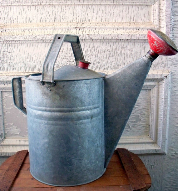 Galvanized Watering Can with Red and Brass Spouts