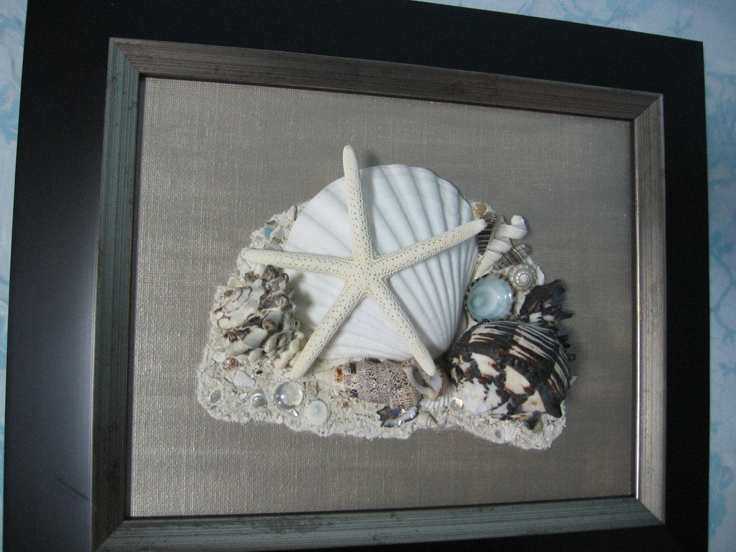 Original Framed Seashell Art Black Frame with Bronze Canvas