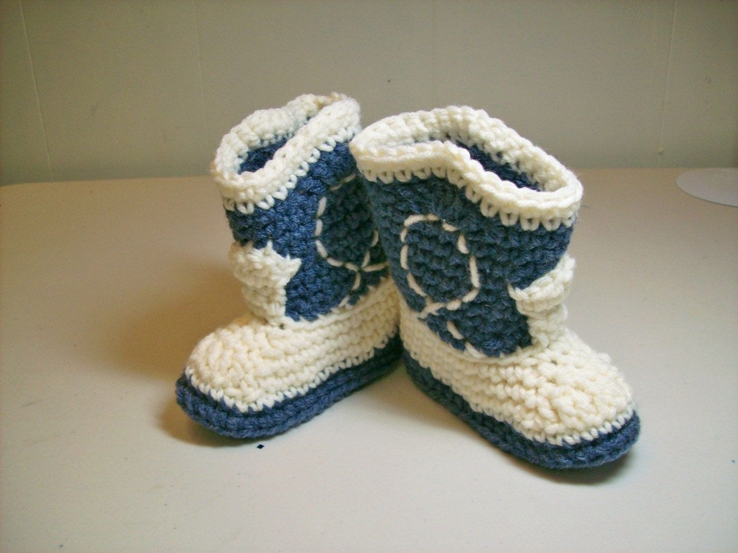 NEWBORN Baby Cowboy Booties Denim & Natural Crochet Western
