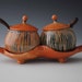 Jar Set, two ceramic jars with wood spoons, orange and black, sugar jars