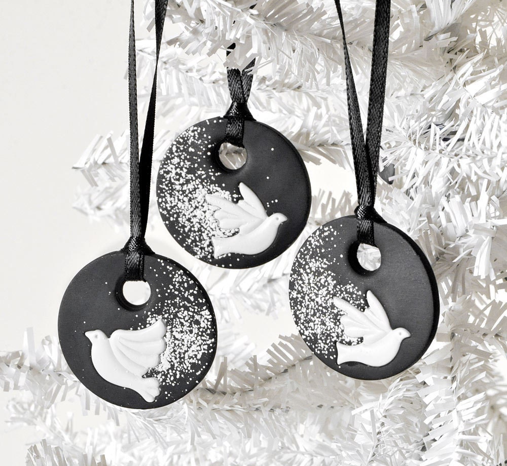 Winter Dove Ornaments Flying in the Snow Black Polymer Clay Handmade Christmas Holiday Gift Set of 3. Perfect for Housewarming, Hostess Gift