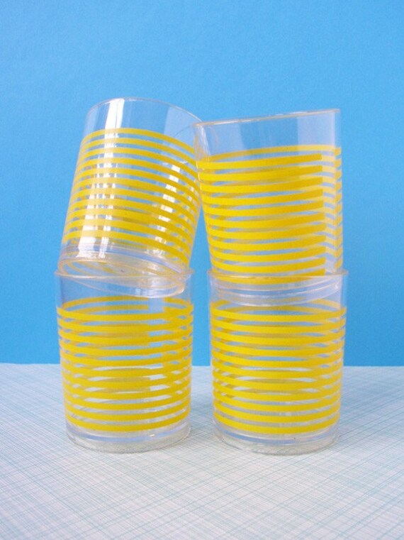 Yellow striped plastic glasses tumblers set of 4 vintage