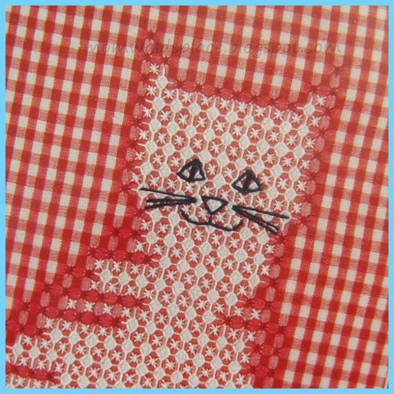 Vintage Chicken Hen Scratch Embroidery Kit Cat in Red and